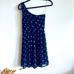 LUSH Navy & Teal Polka Dot One Shoulder Mini Dress